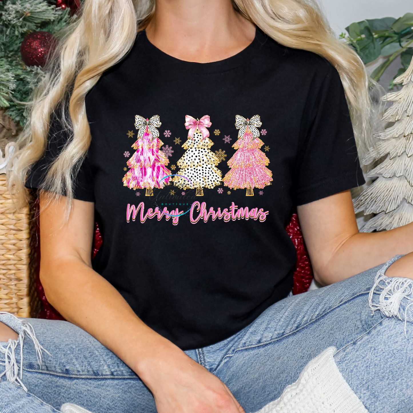 Merry Christmas Pink Colorful Gold Glitter Trees DTF Direct To Film