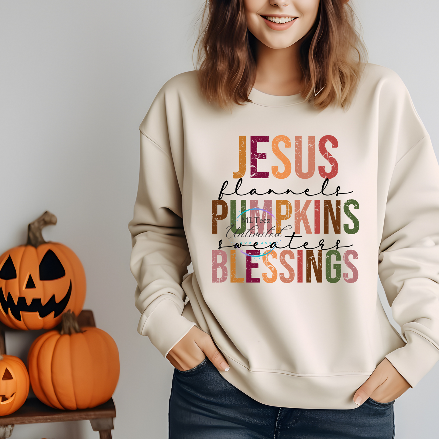 Jesus, Flannels, Pumpkins, Sweaters, Blessings (Distressed) DTF Direct To Film