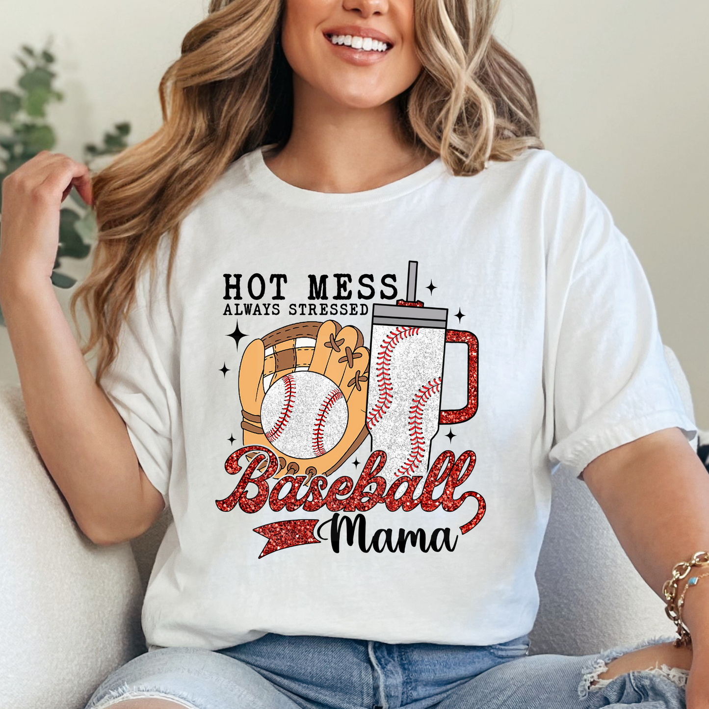 Hot Mess Always Stressed Baseball Mama (1) DTF Direct To Film
