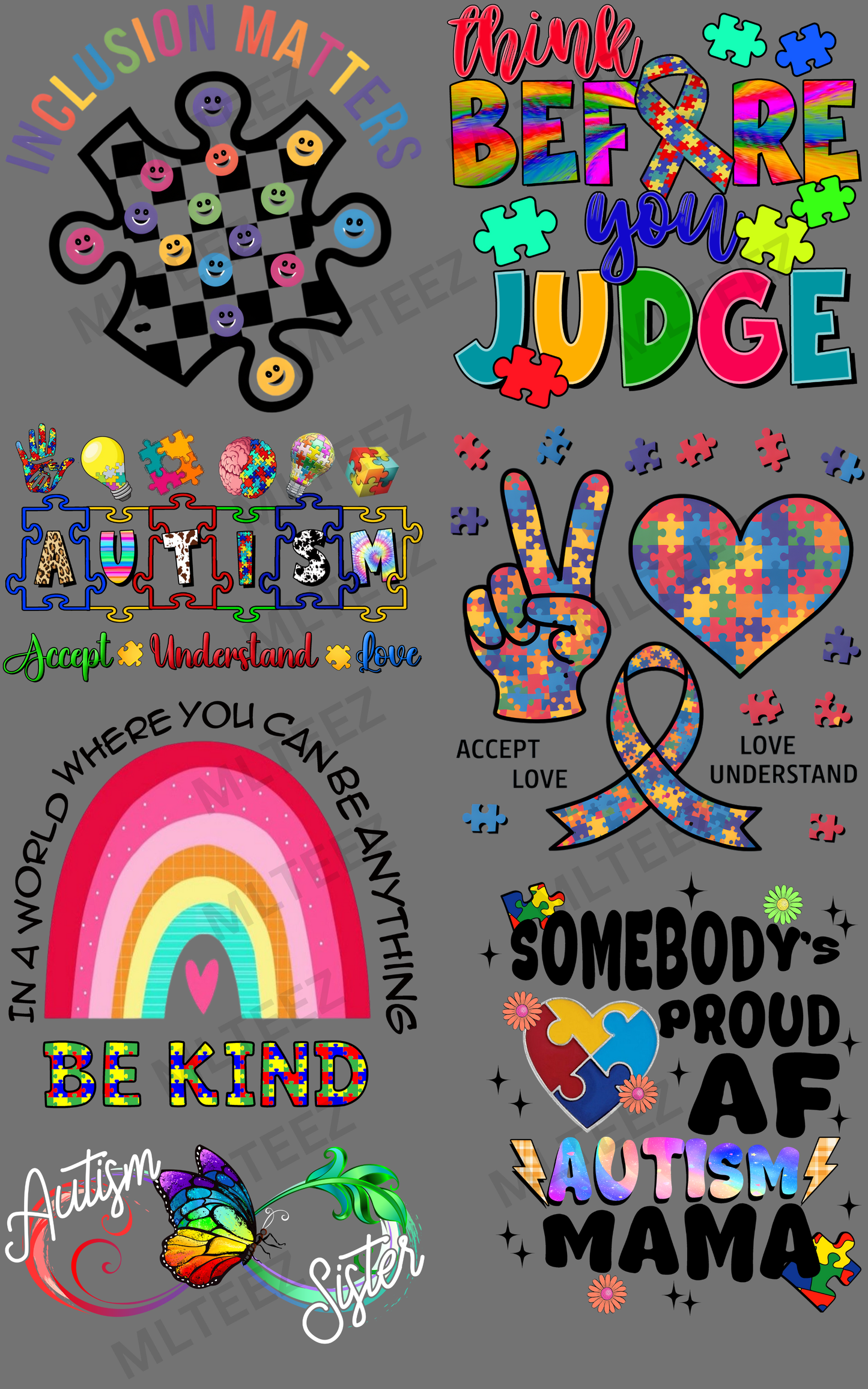 AUTISM (10) PREMADE GANGSHEET - 22X36 DTF TRANSFERS - DIRECT TO FILM