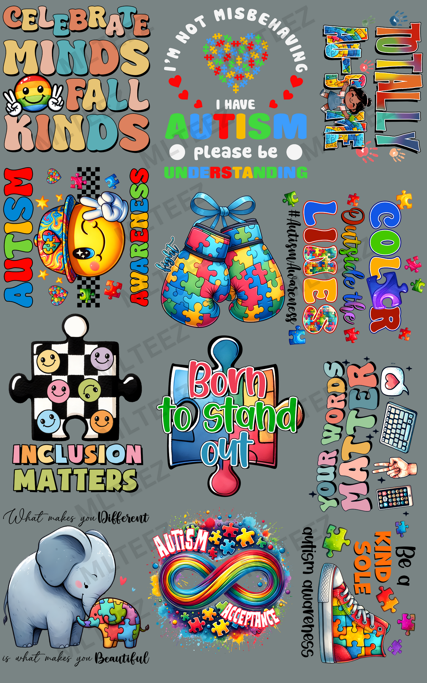 AUTISM (3) YOUTH PREMADE GANGSHEET - 22X36 DTF TRANSFERS - DIRECT TO FILM
