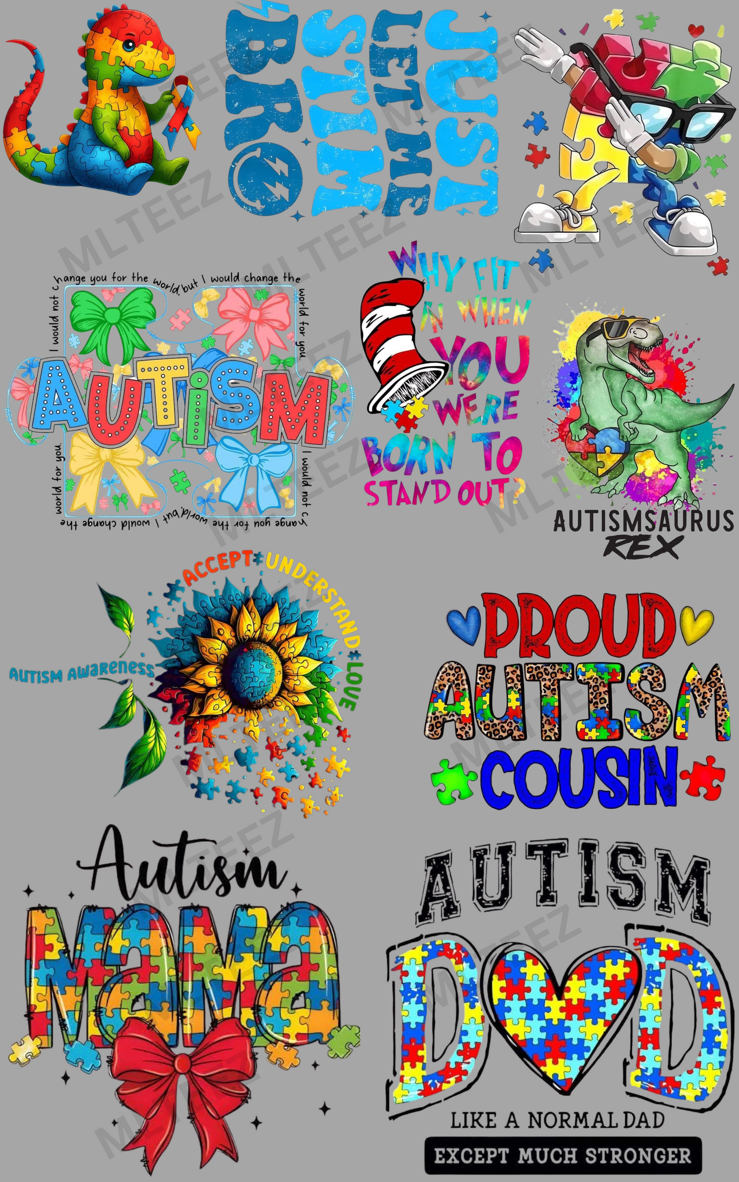 AUTISM (5) YOUTH PREMADE GANGSHEET - 22X36 DTF TRANSFERS - DIRECT TO FILM