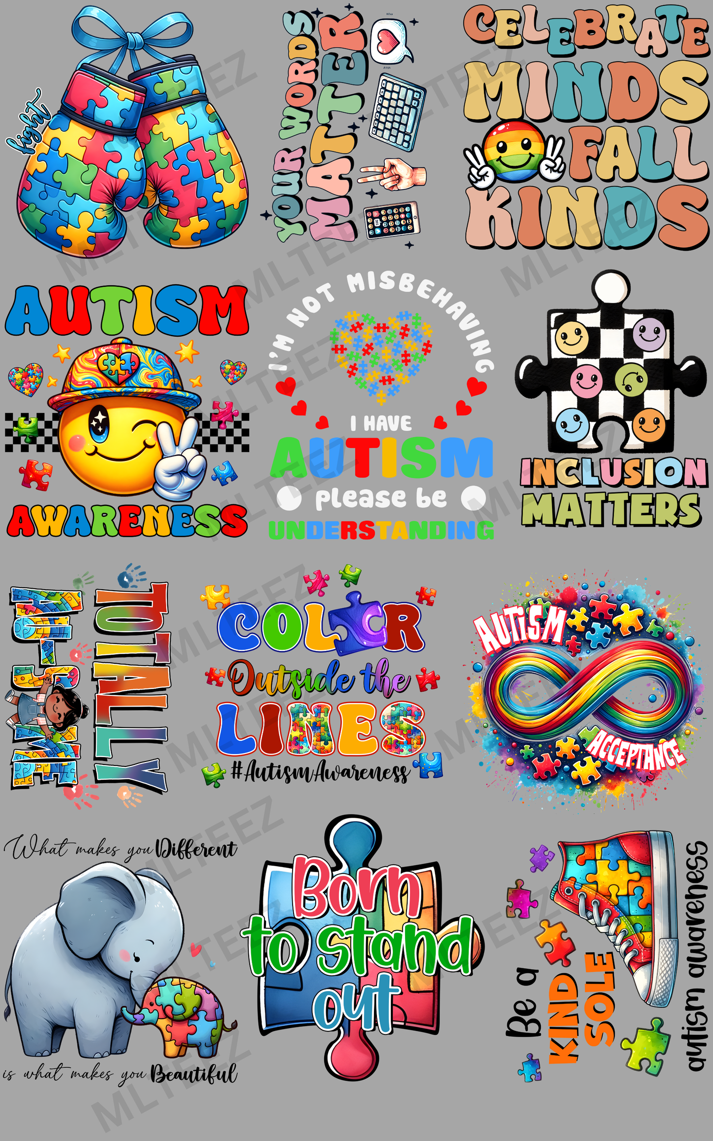 AUTISM (8) (YOUTH) PREMADE GANGSHEET - 22X36 DTF TRANSFERS - DIRECT TO FILM