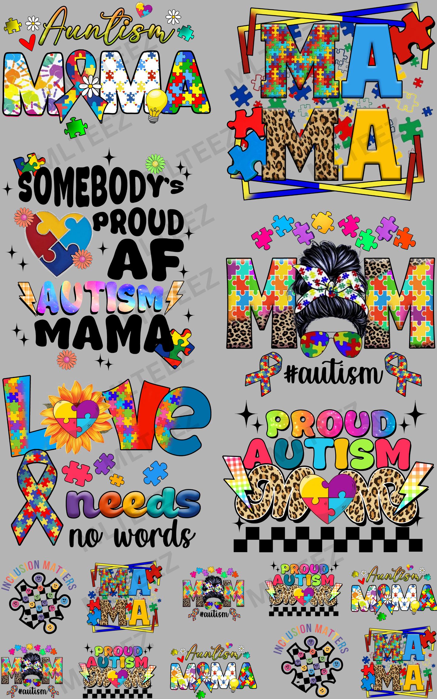 AUTISM (9) PREMADE GANGSHEET - 22X36 DTF TRANSFERS - DIRECT TO FILM