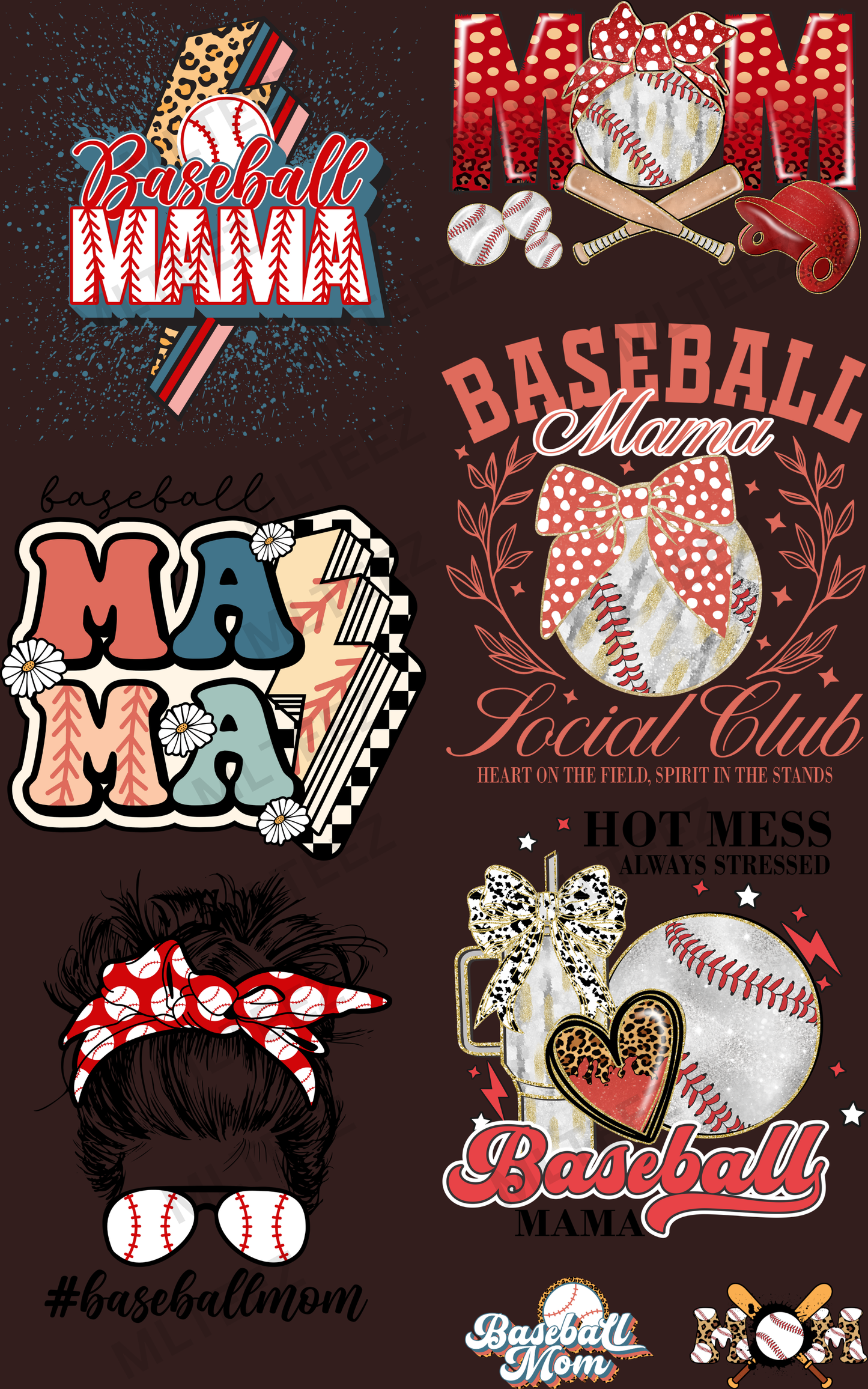 BASEBALL MAMA (3) PREMADE GANGSHEET - 22X36 DTF TRANSFERS - DIRECT TO FILM