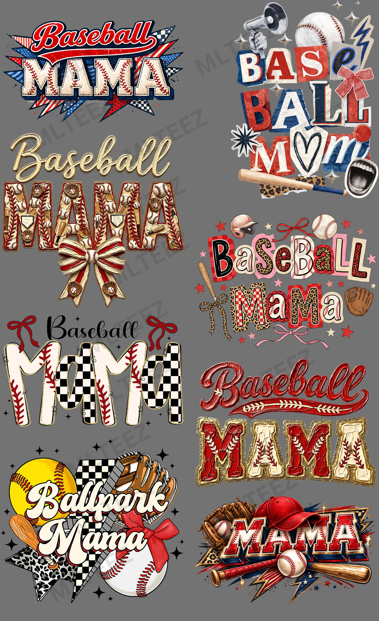 BASEBALL MAMA (5) PREMADE GANGSHEET - 22X36 DTF TRANSFERS - DIRECT TO FILM
