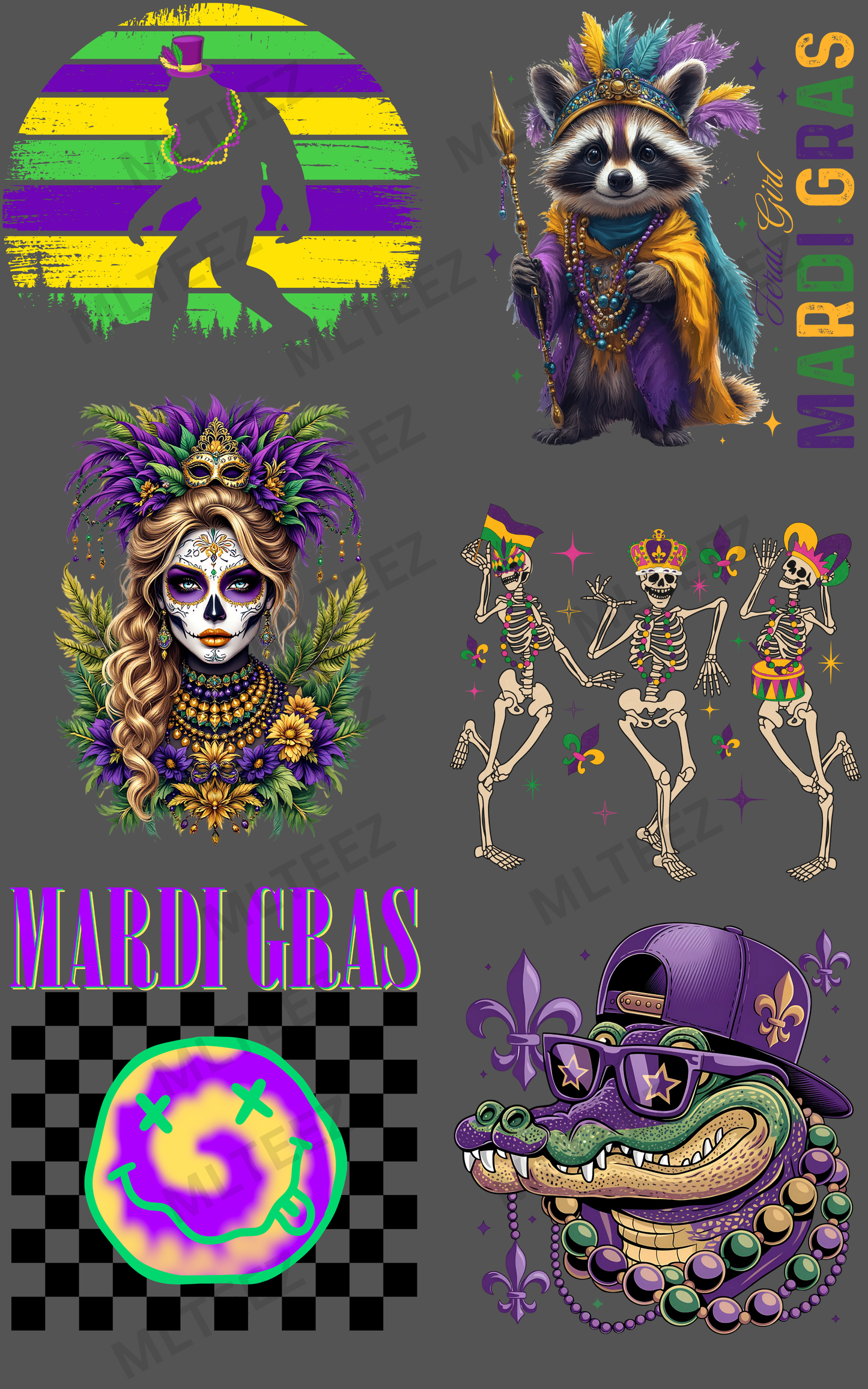 BIG FOOT MARDI GRAS (1) PREMADE GANGSHEET - 22X36 DTF TRANSFERS - DIRECT TO FILM