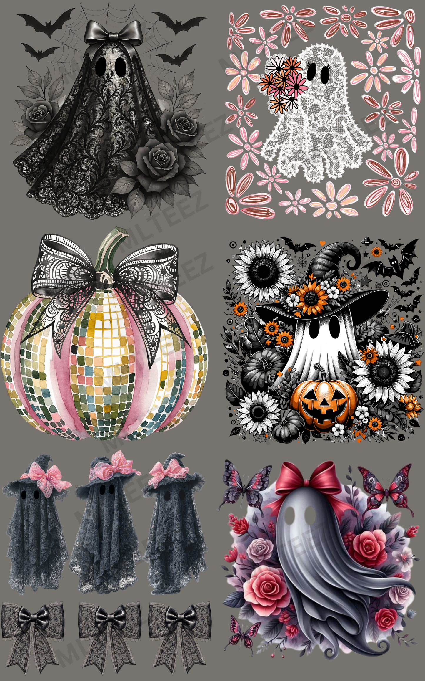 BLACK LACE HALLOWEEN GHOST PREMADE GANGSHEET - 22X36 DTF TRANSFERS - DIRECT TO FILM