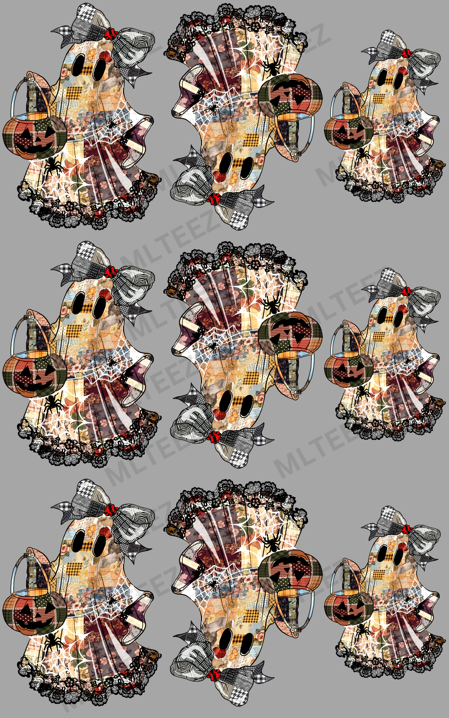 BLACK LACE PATCHWORK GHOSTS - 3 YOUTH, 6 ADULT PREMADE GANGSHEET - 22X36 DTF TRANSFERS - DIRECT TO FILM