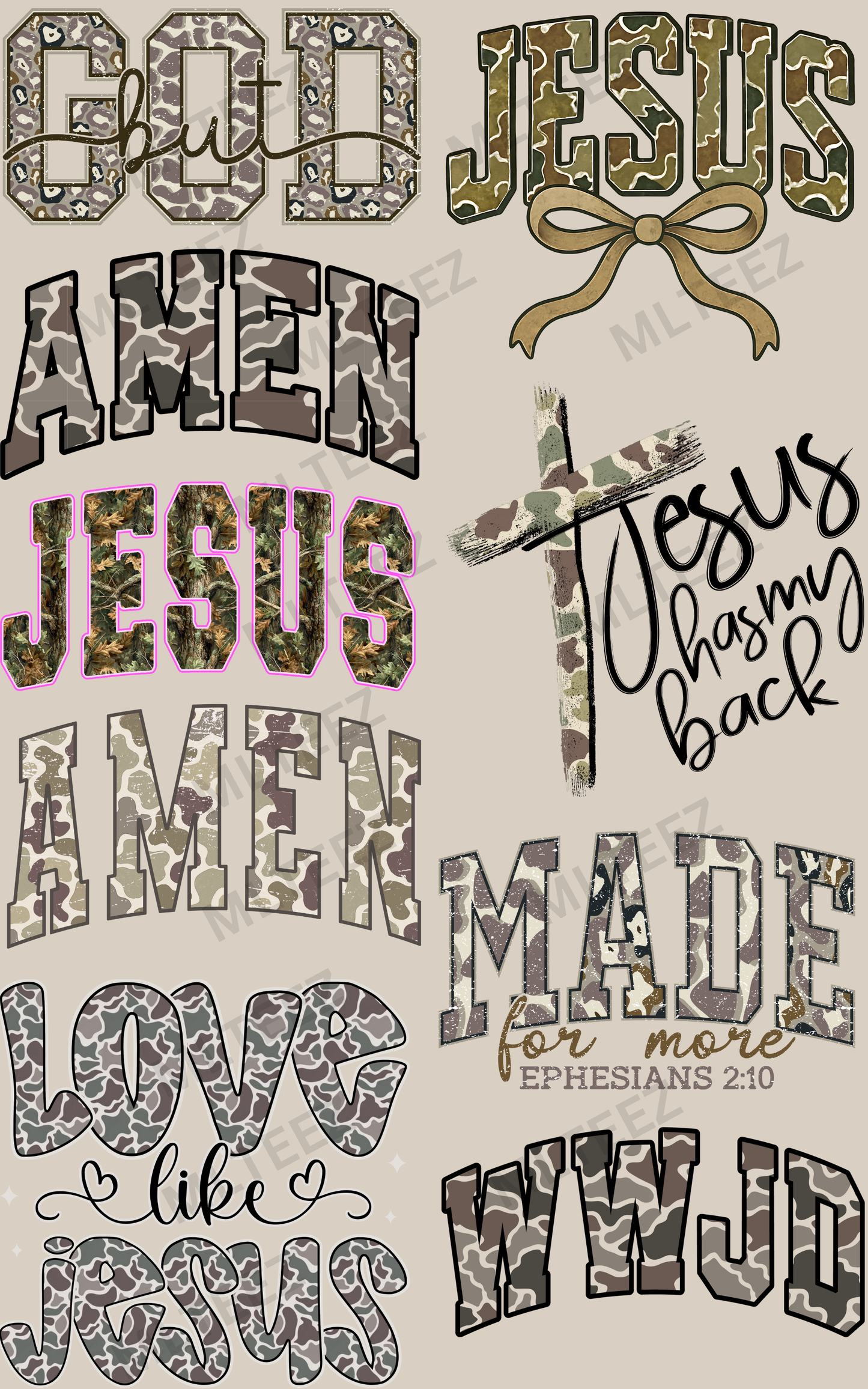 BUT GOD (CAMO) (1) PREMADE GANGSHEET - 22X36 DTF TRANSFERS - DIRECT TO FILM