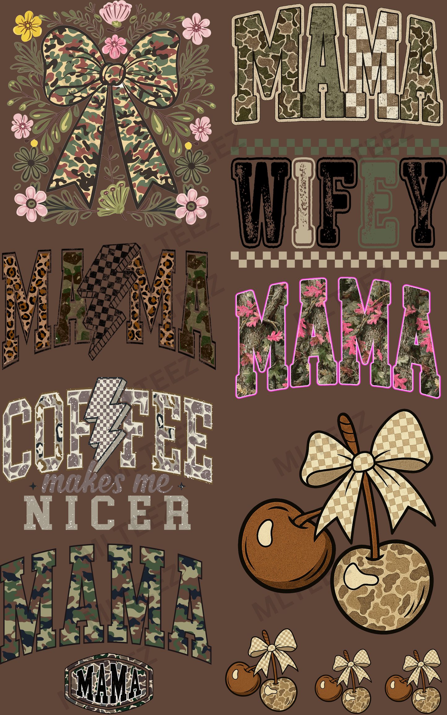 CAMO BOW & MAMA (1) PREMADE GANGSHEET - 22X36 DTF TRANSFERS - DIRECT TO FILM