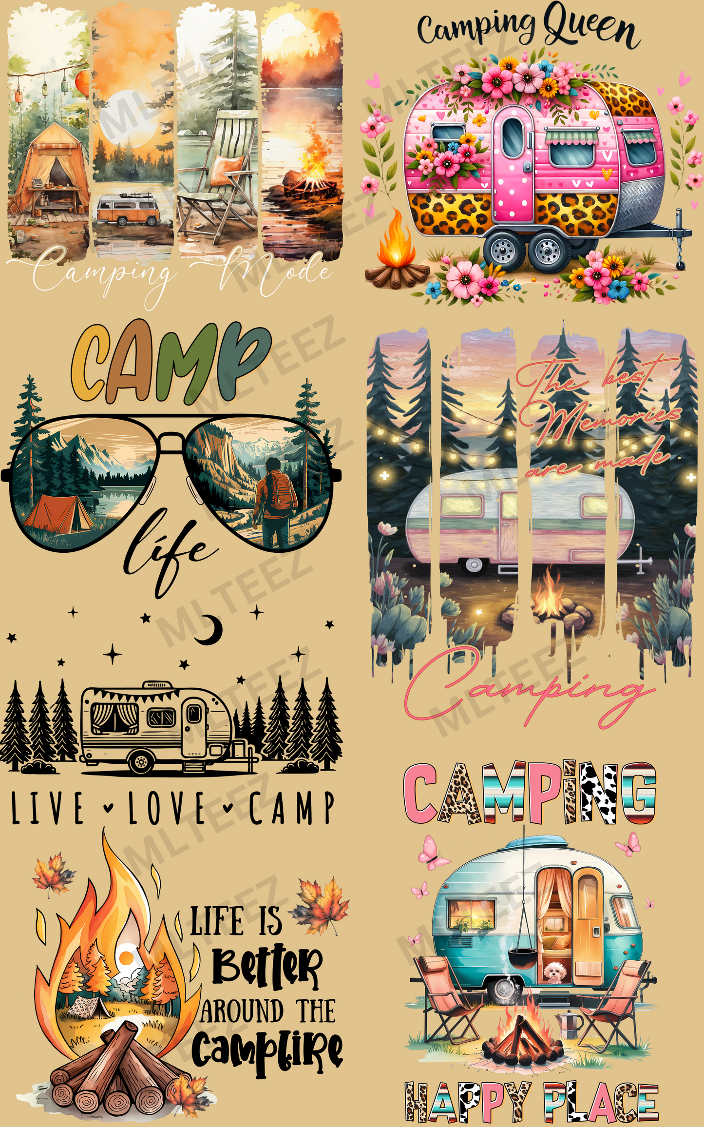 CAMPING MODE PREMADE GANGSHEET - 22X36 DTF TRANSFERS - DIRECT TO FILM