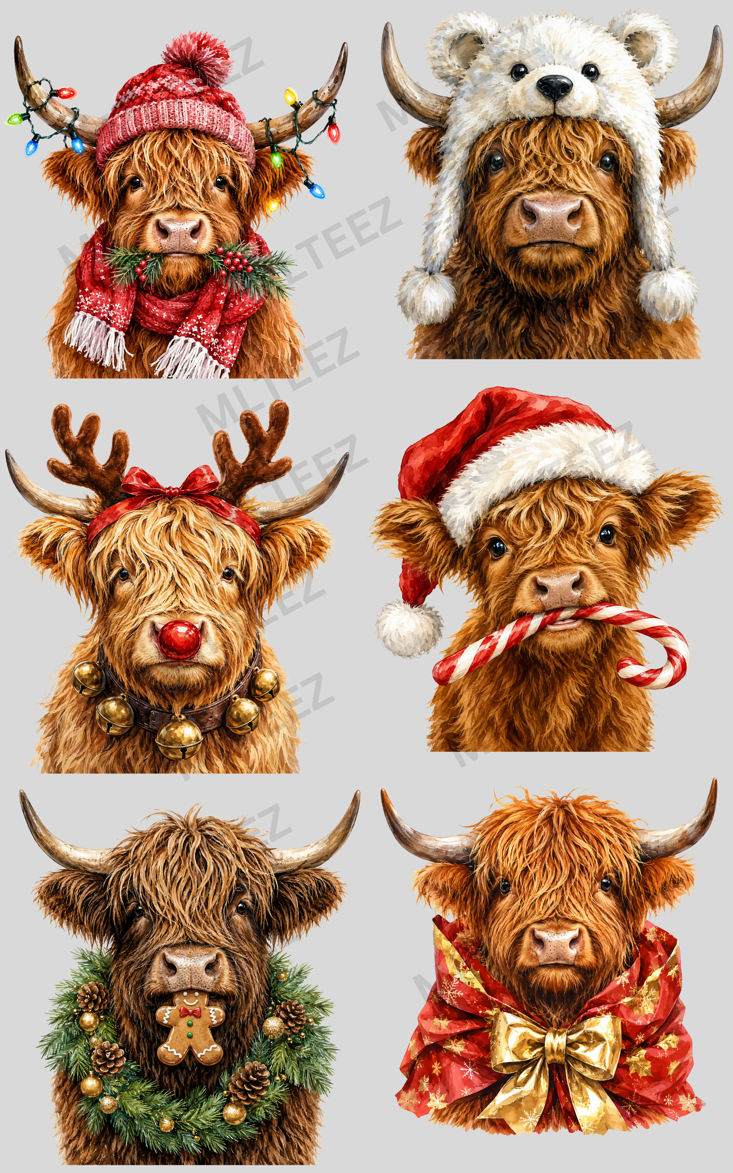CHRISTMAS HIGHLAND COWS (1) PREMADE GANGSHEET - 22X36 DTF TRANSFERS - DIRECT TO FILM