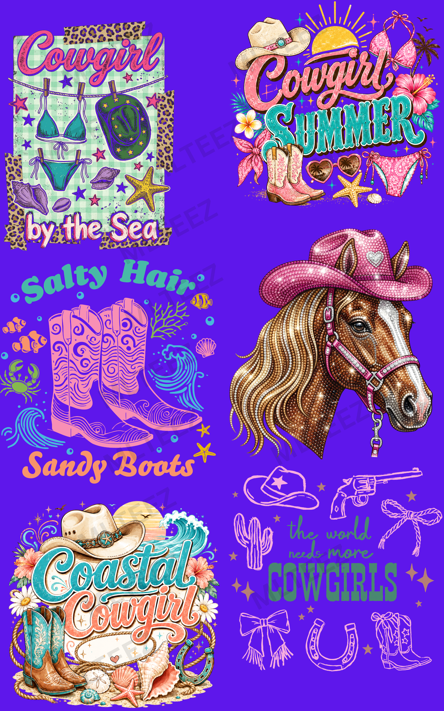 COWGIRL BY THE SEA (1) PREMADE GANGSHEET - 22X36 DTF TRANSFERS - DIRECT TO FILM