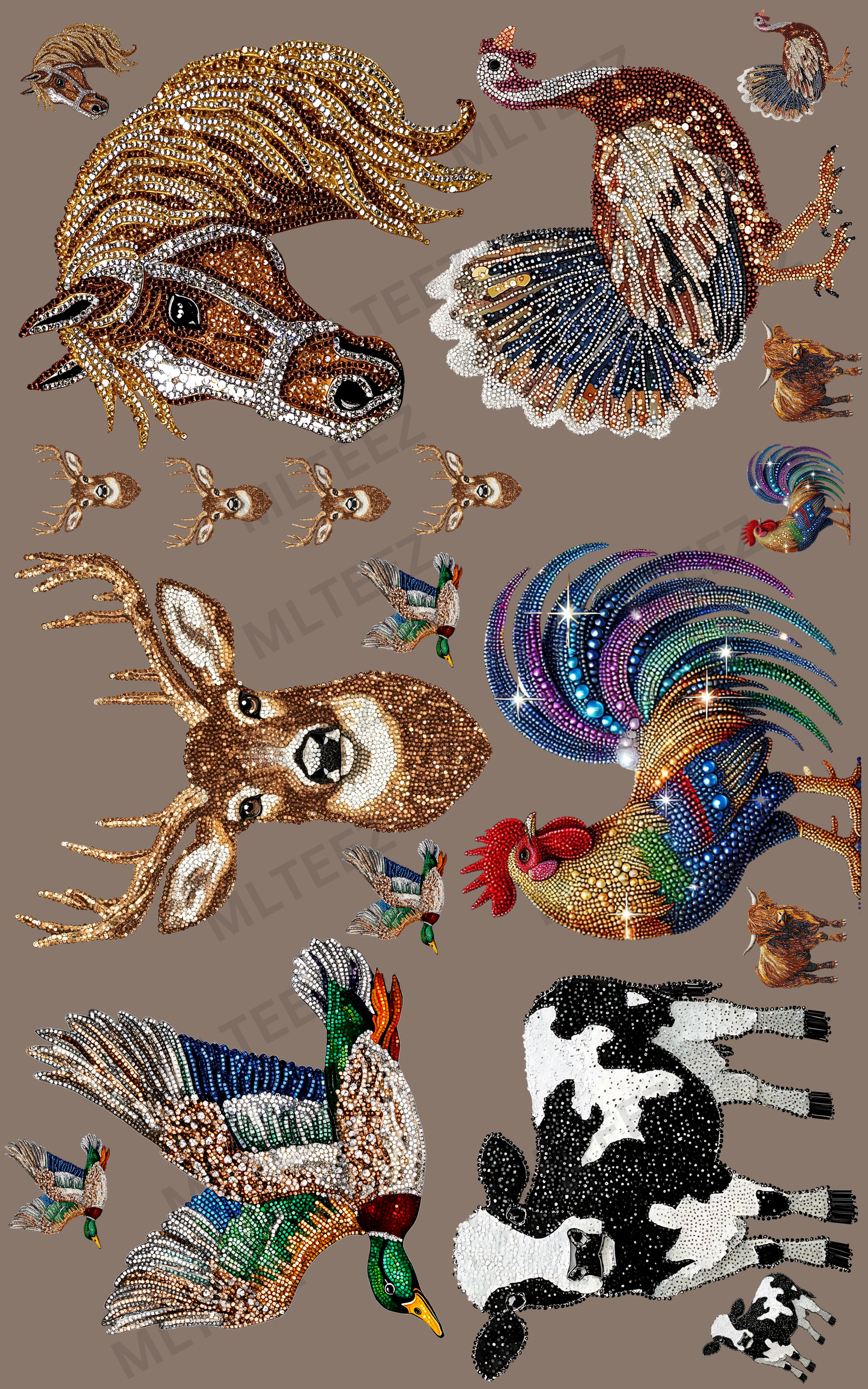 FAUX RHINESTONE ANIMALS (1) PREMADE GANGSHEET - 22X36 DTF TRANSFERS - DIRECT TO FILM