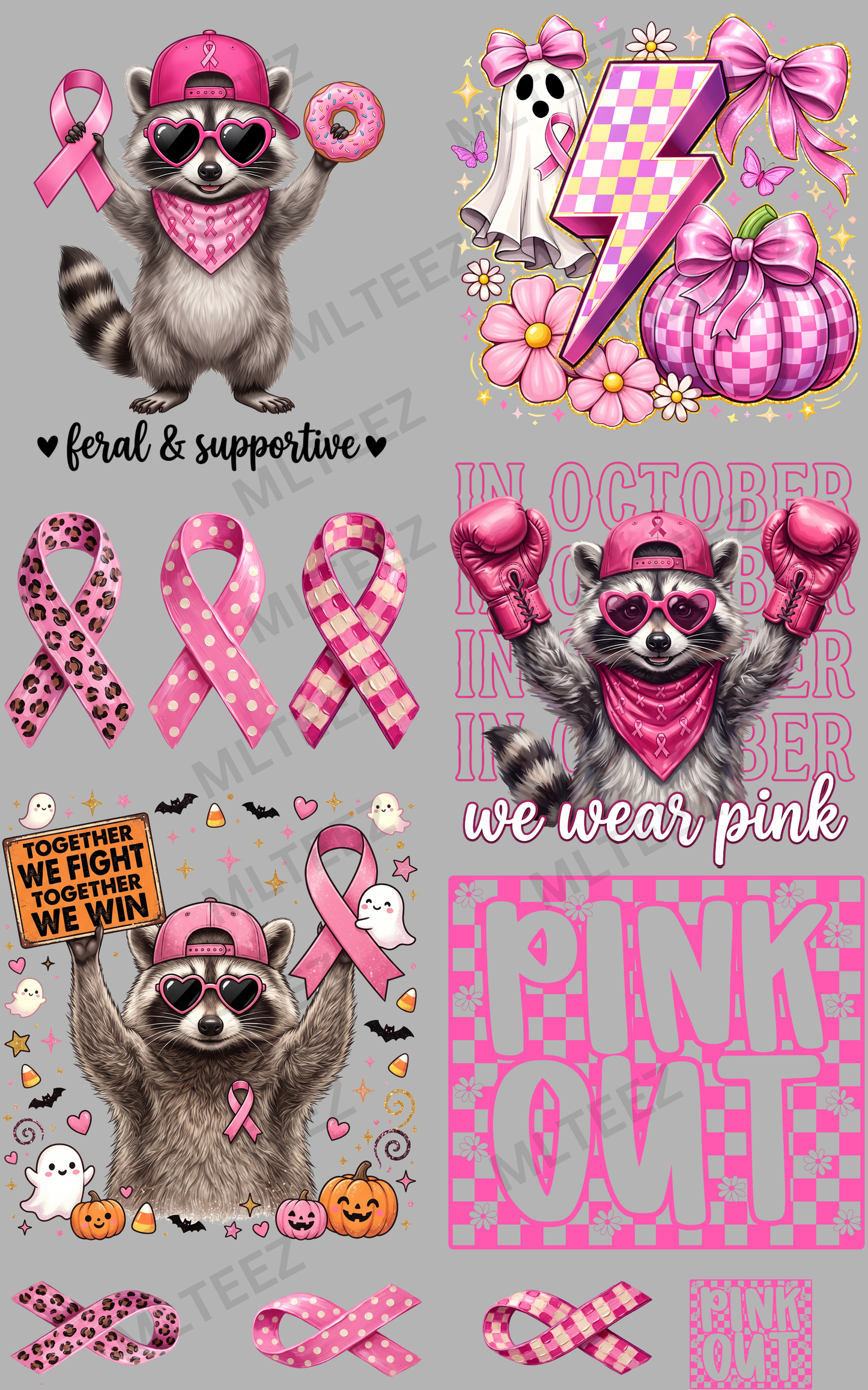 FERAL & SUPPORTIVE (BREAST CANCER) (1) PREMADE GANGSHEET - 22X36 DTF TRANSFERS - DIRECT TO FILM