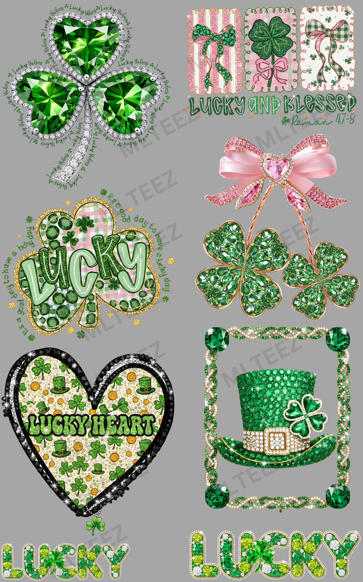 LUCKY SHAMROCK (2) (FAUX RHINESTONE) PREMADE GANGSHEET - 22X36 DTF TRANSFERS - DIRECT TO FILM