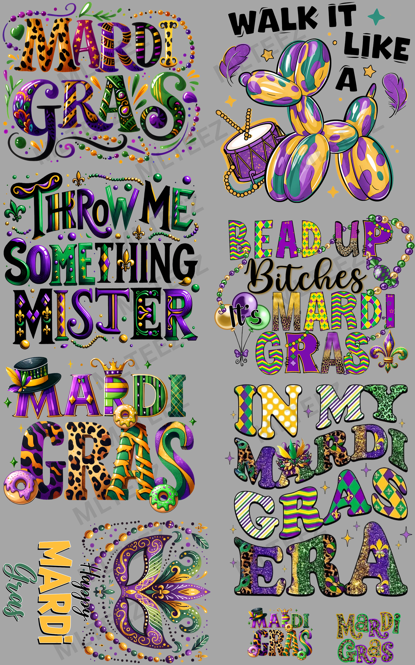 MARDI GRAS (7) PREMADE DRAFT GANGSHEET - 22X36 DTF TRANSFERS - DIRECT TO FILM