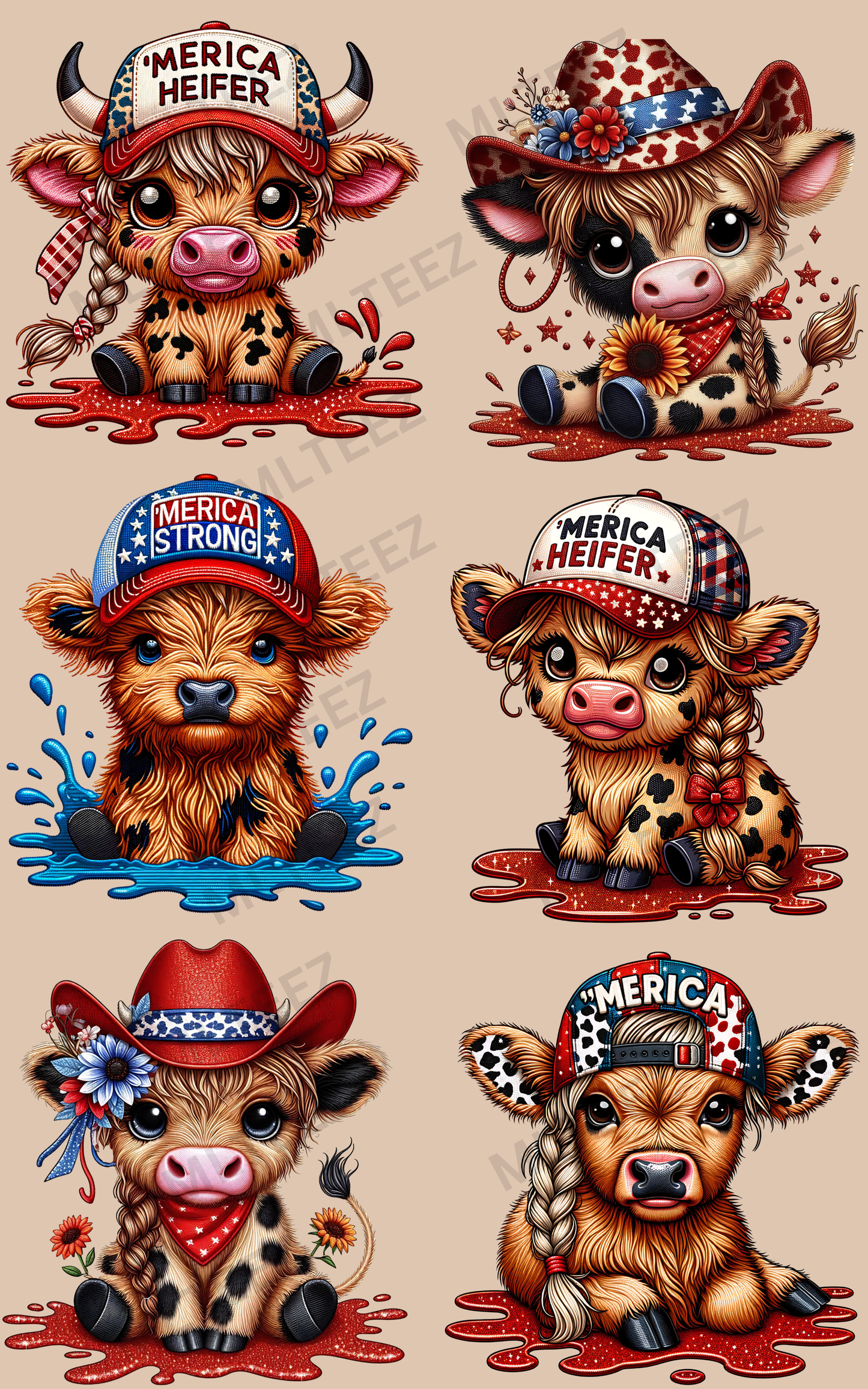 'MERICA HEIFER (1) PREMADE GANGSHEET - 22X36 DTF TRANSFERS - DIRECT TO FILM