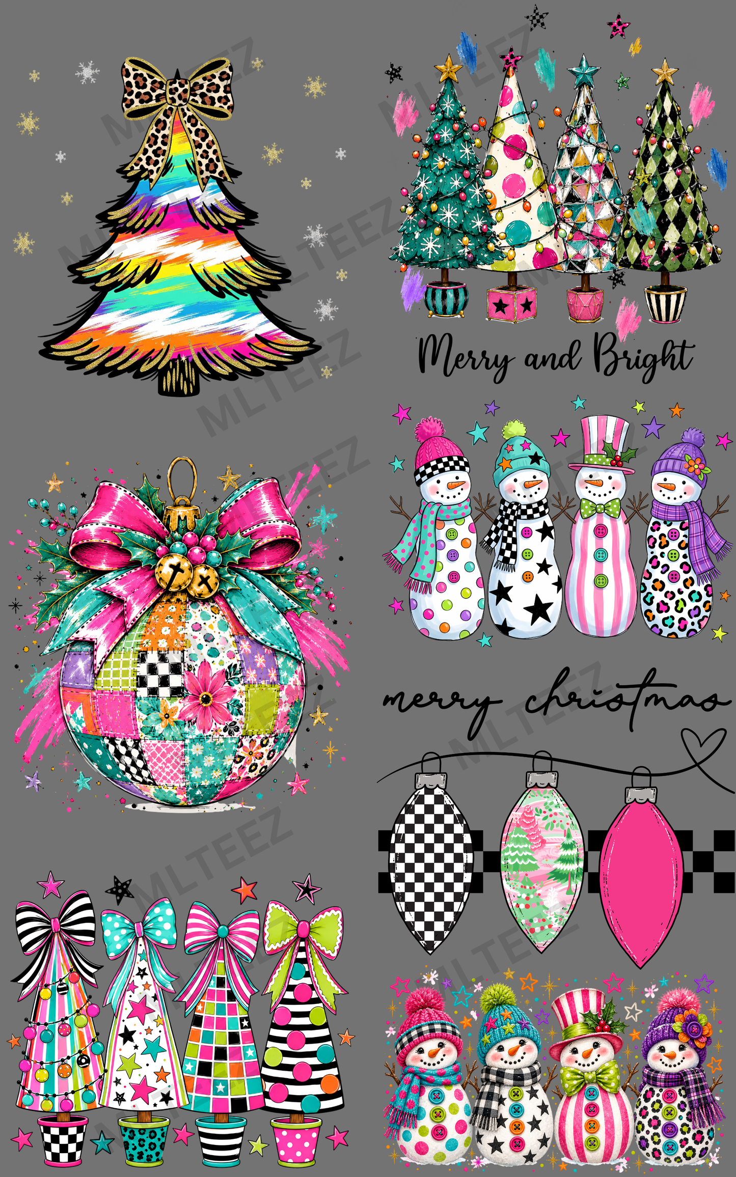 MERRY & BRIGHT (7) PREMADE GANGSHEET - 22X36 DTF TRANSFERS - DIRECT TO FILM
