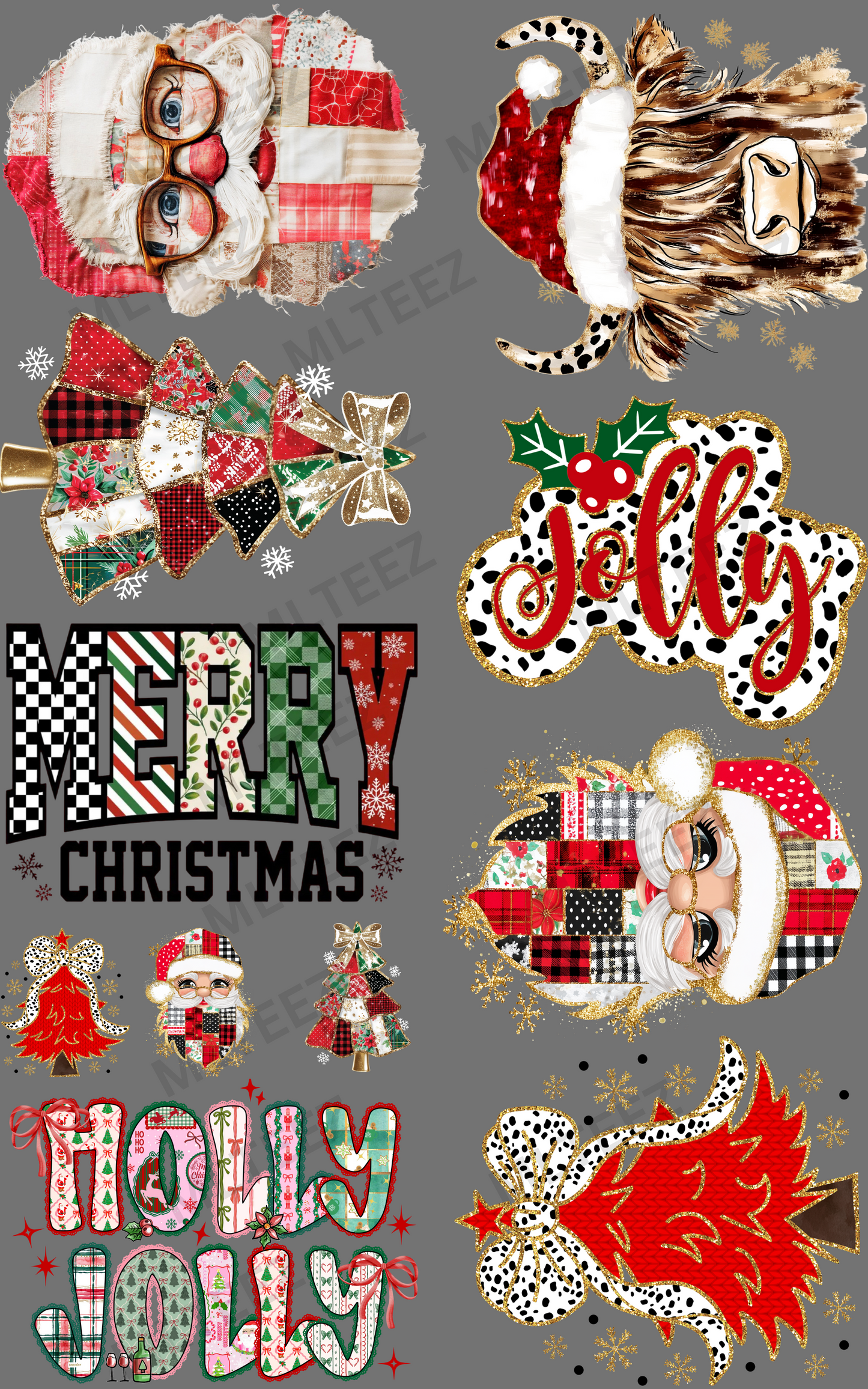 PATCH WORK SANTA & MOO COW PREMADE GANGSHEET - 22X36 DTF TRANSFERS - DIRECT TO FILM