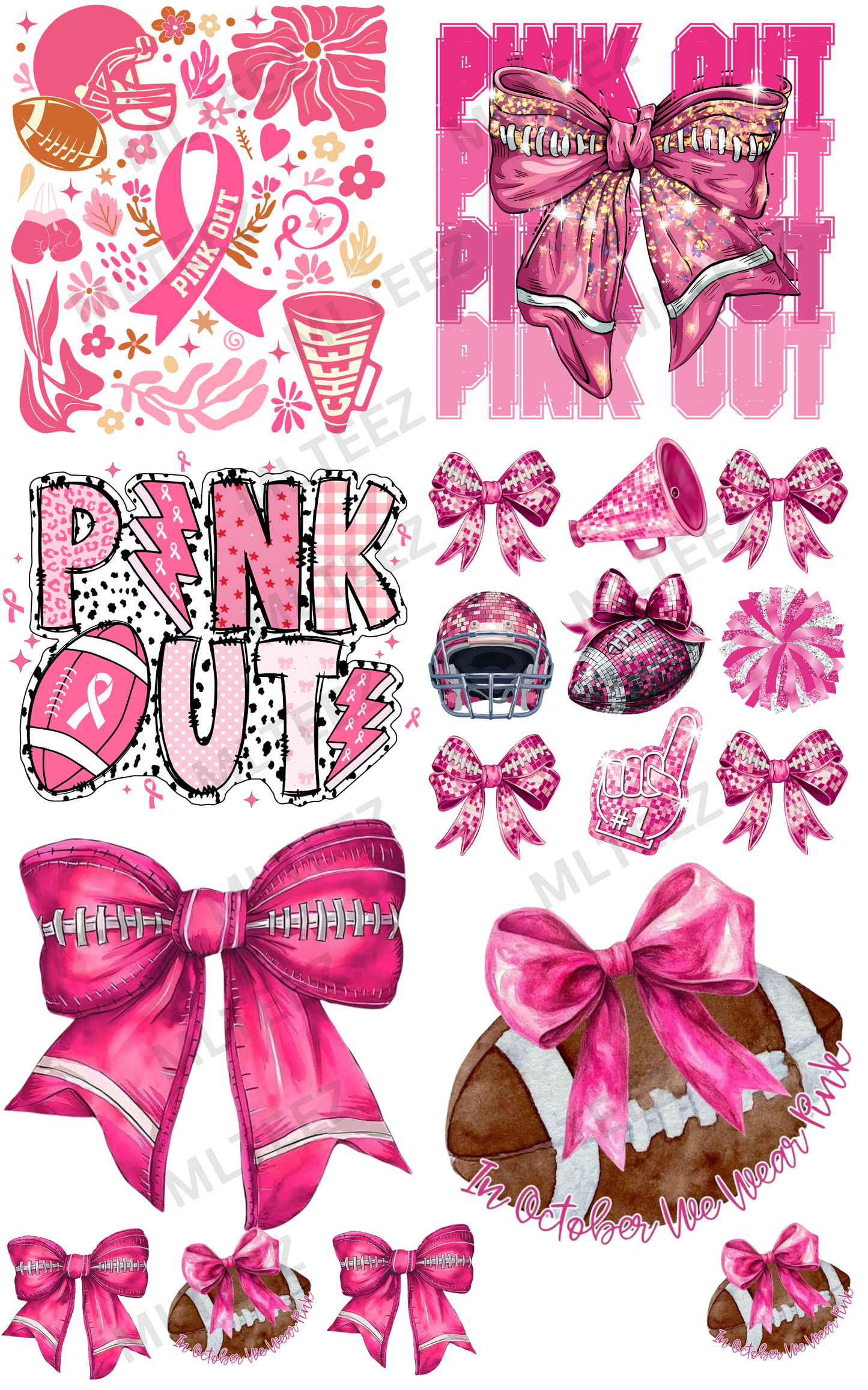 PINK OUT FOOTBALL (1) PREMADE GANGSHEET - 22X36 DTF TRANSFERS - DIRECT TO FILM