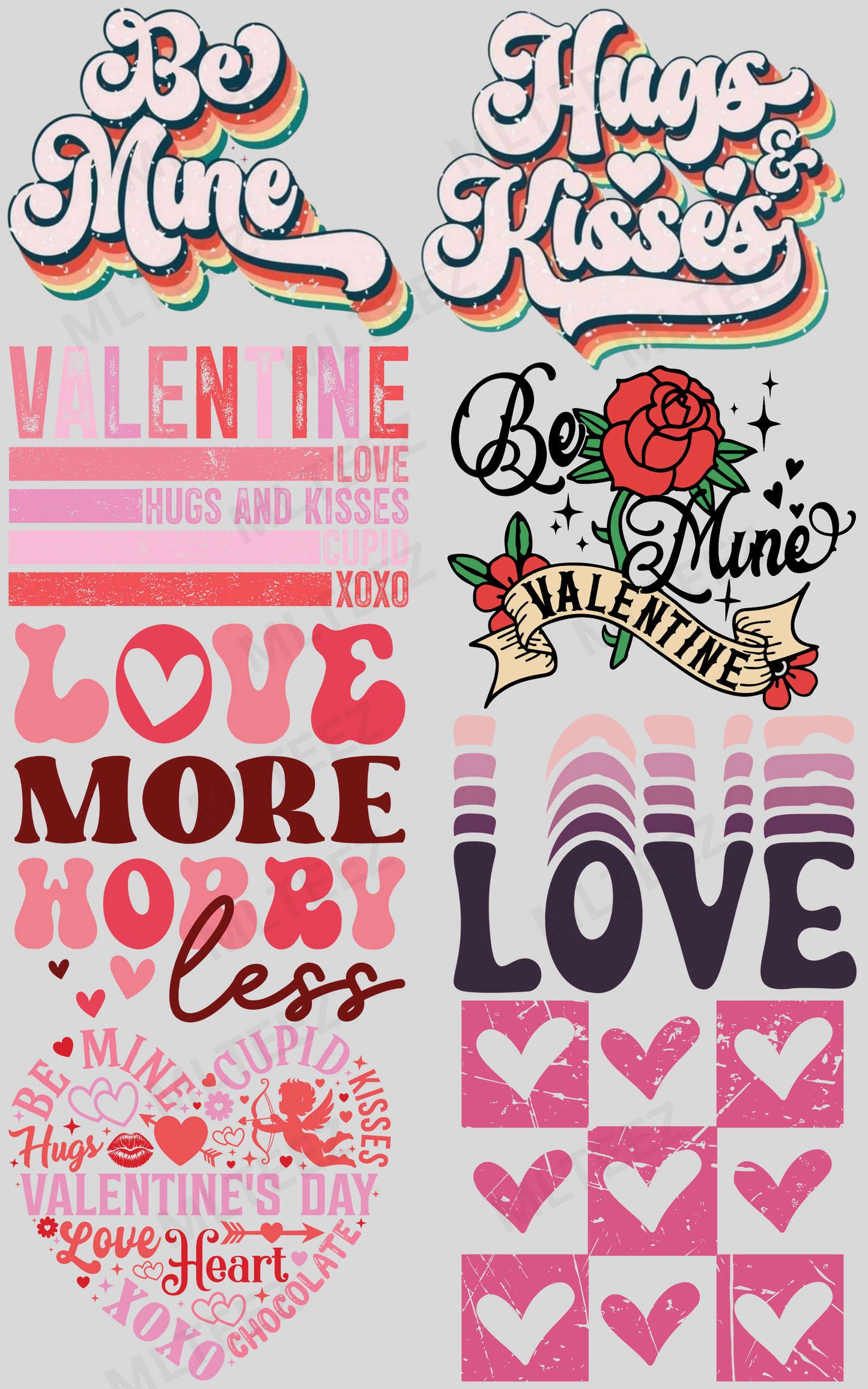 RETRO HUGS & KISSES PREMADE GANGSHEET - 22X36 DTF TRANSFERS - DIRECT TO FILM