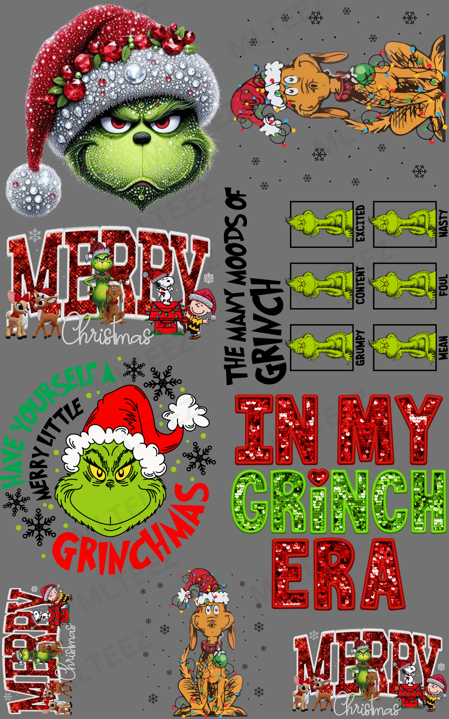 RHINESTONE GRINCH & MAX PREMADE GANGSHEET - 22X36 DTF TRANSFERS - DIRECT TO FILM