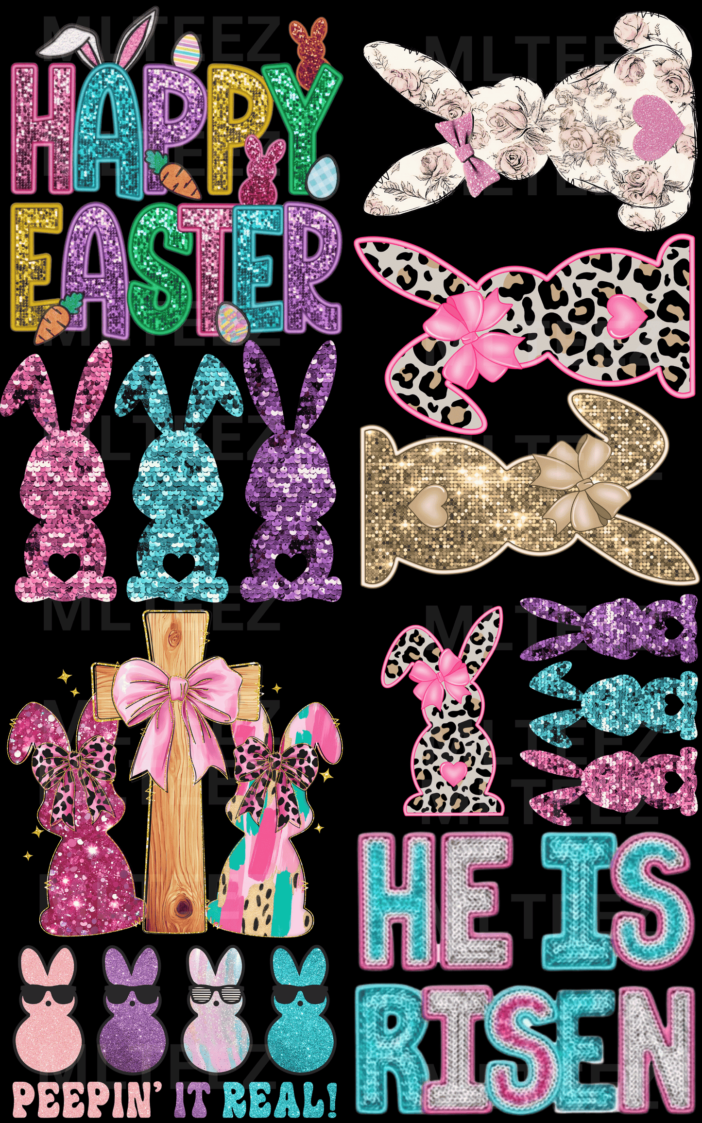 Faux Sequin and Glitter Bunnies PREMADE GANGSHEET 22X36 DTF TRANSFERS - DIRECT TO FILM