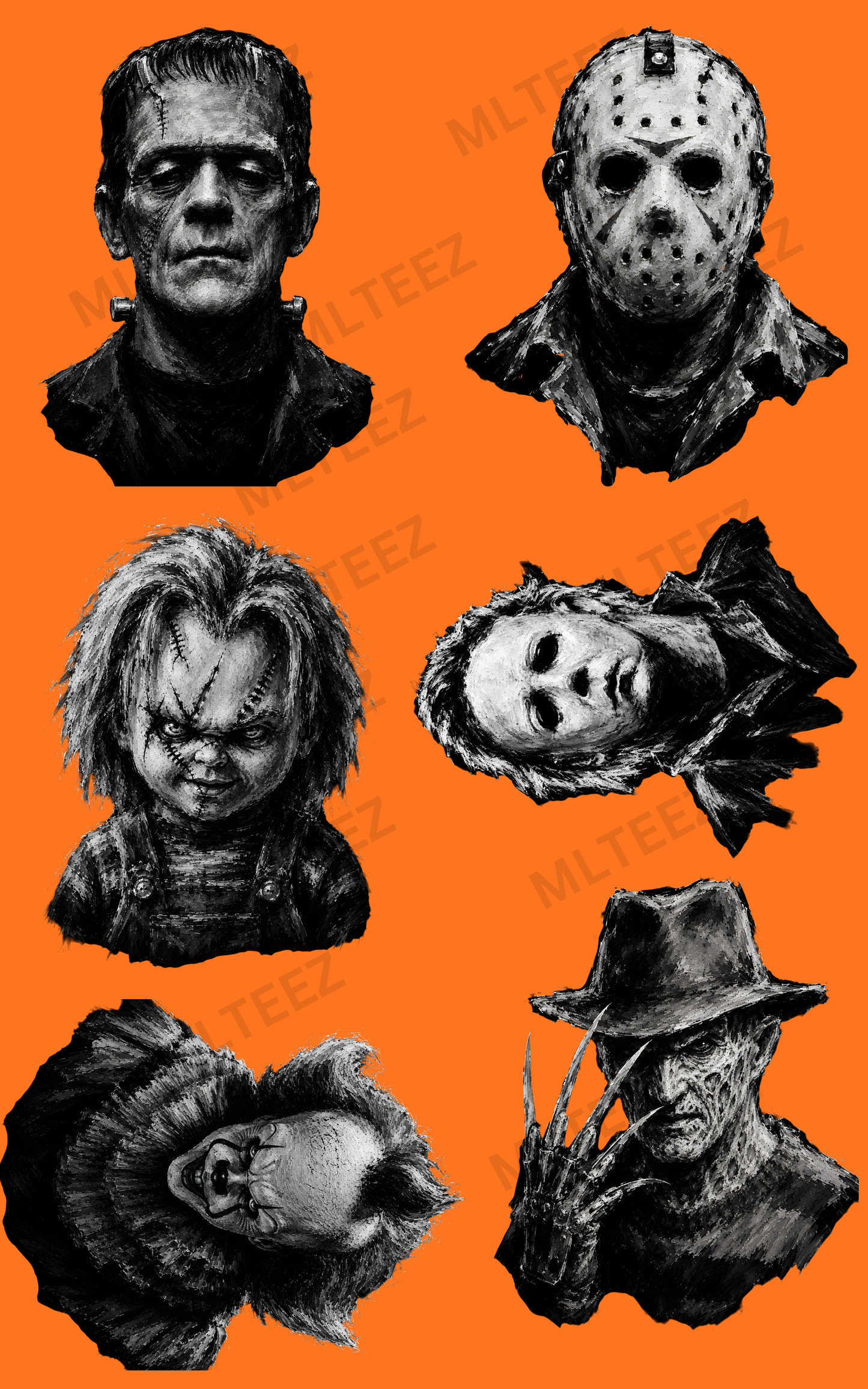 SCARY FRIENDS (1) PREMADE GANGSHEET - 22X36 DTF TRANSFERS - DIRECT TO FILM