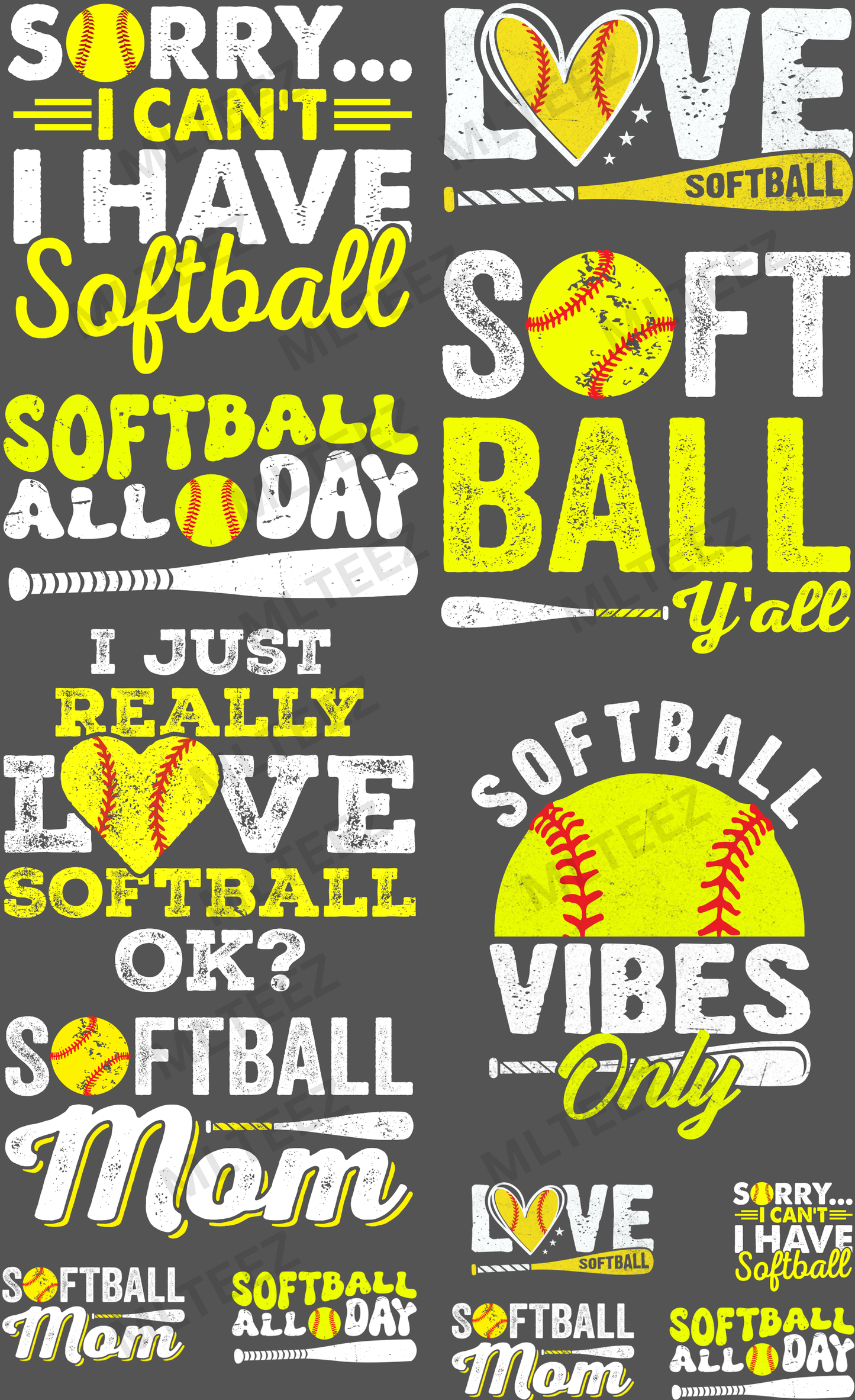 SORRY I CAN'T I HAVE SOFTBALL (1) PREMADE GANGSHEET - 22X36 DTF TRANSFERS - DIRECT TO FILM