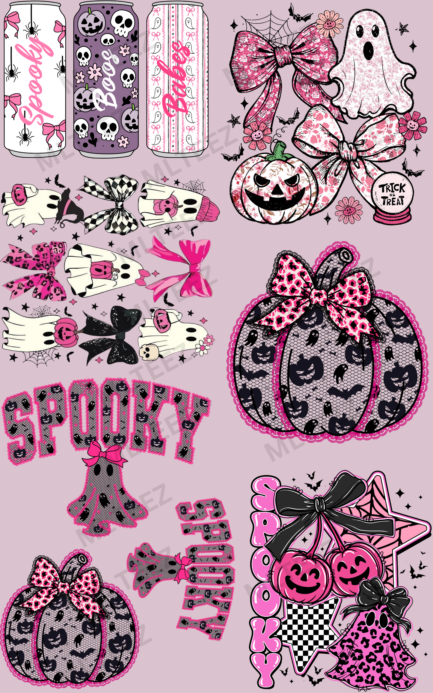 SPOOKY BOOS BABES PREMADE GANGSHEET - 22X36 DTF TRANSFERS - DIRECT TO FILM