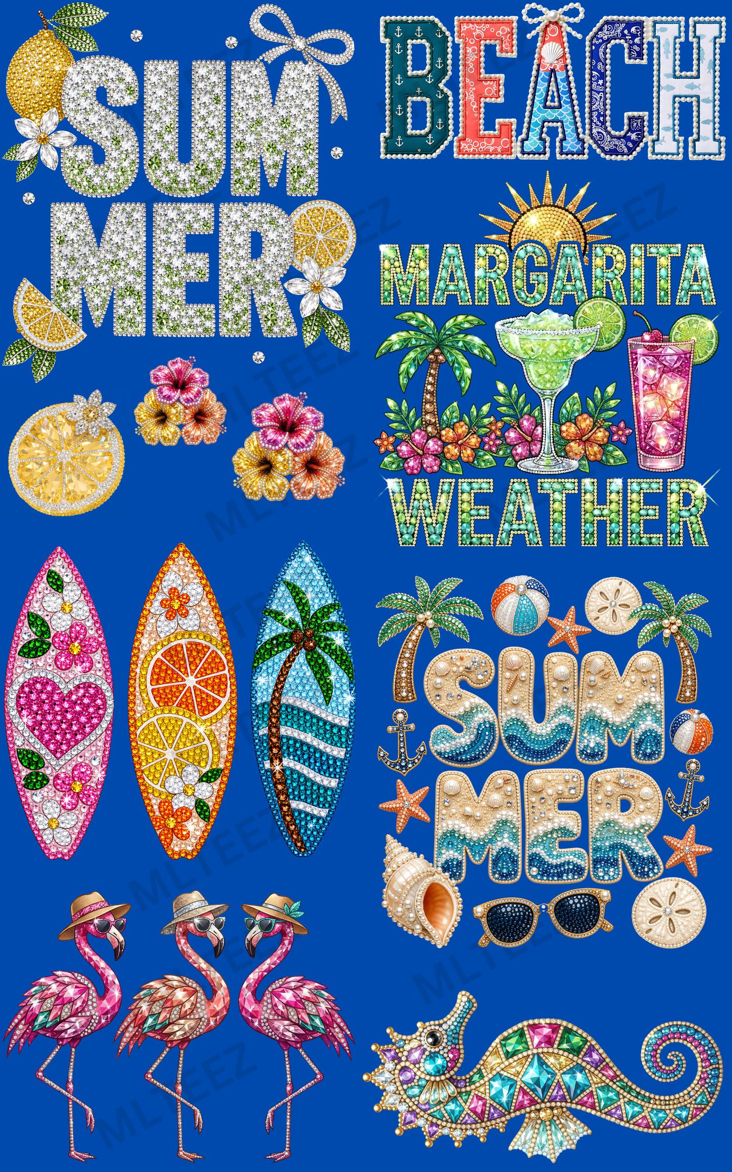 SUMMER (1) FAUX RHINESTONE PREMADE GANGSHEET - 22X36 DTF TRANSFERS - DIRECT TO FILM