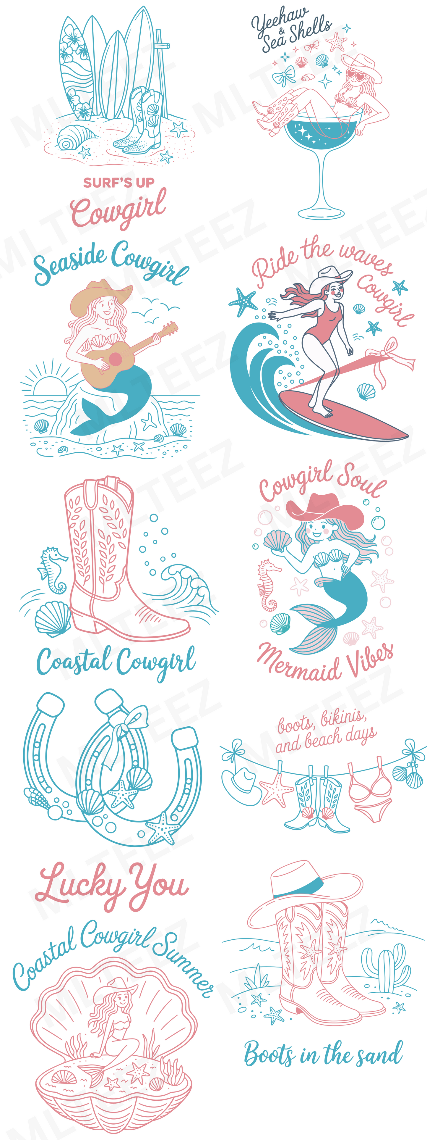 SURFS UP COWGIRL PREMADE GANGSHEET - 22X60 DTF TRANSFERS - DIRECT TO FILL