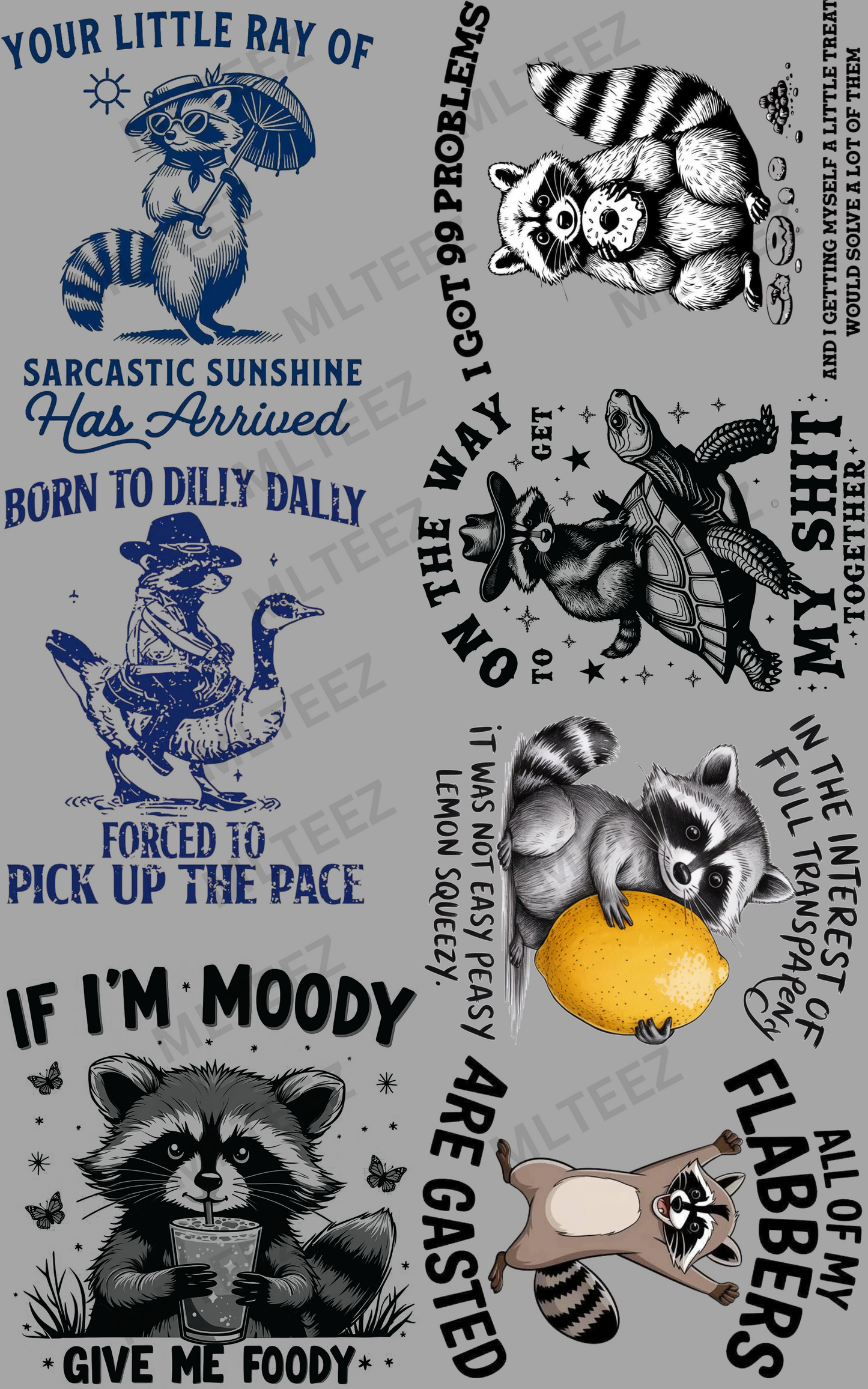 Silly Raccoons (1) PREMADE GANGSHEET - 22X36 DTF TRANSFERS - DIRECT TO FILM