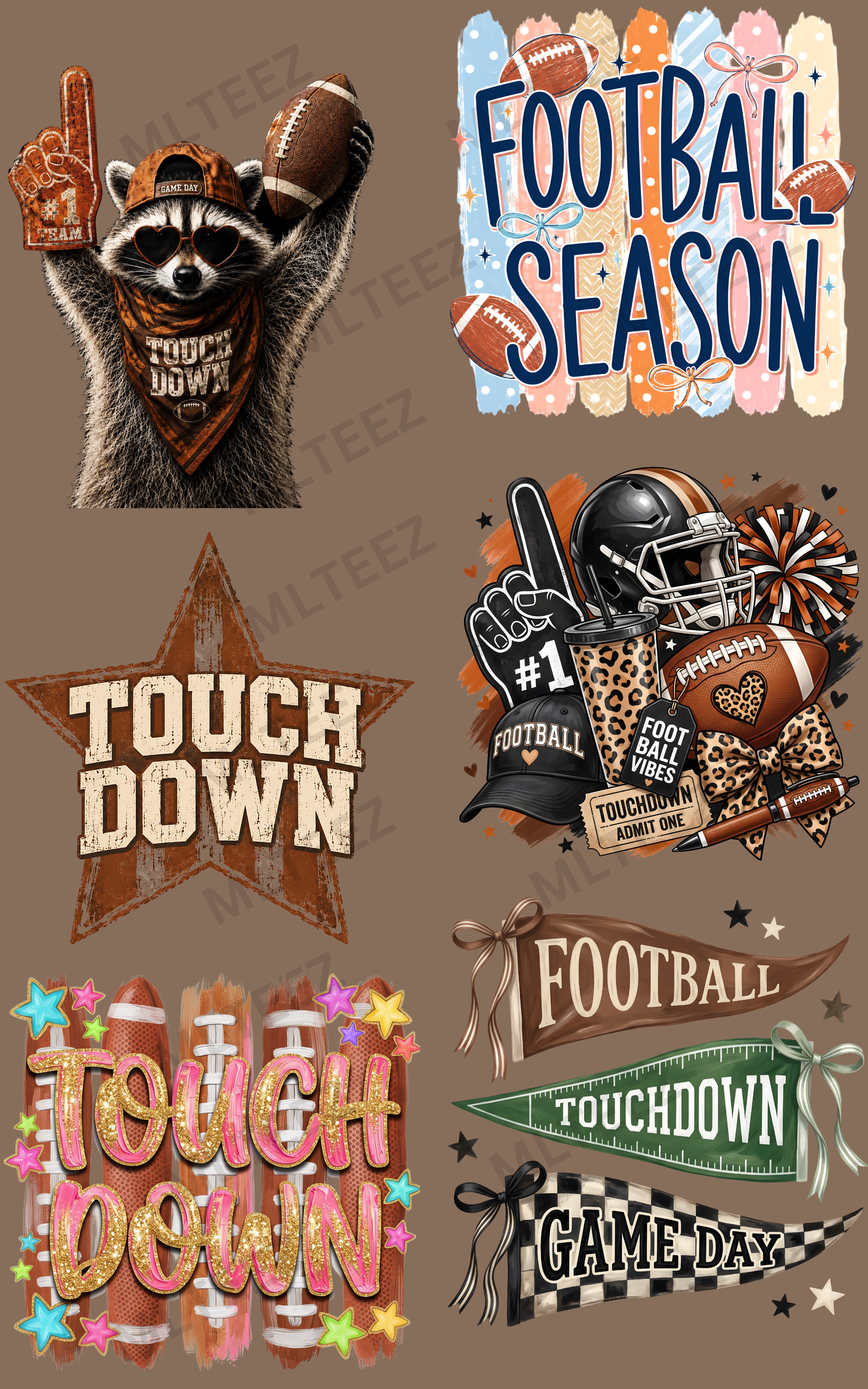 TOUCHDOWN SEASON (FOOTBALL) (3) PREMADE GANGSHEET - 22X36 DTF TRANSFERS - DIRECT TO FILM