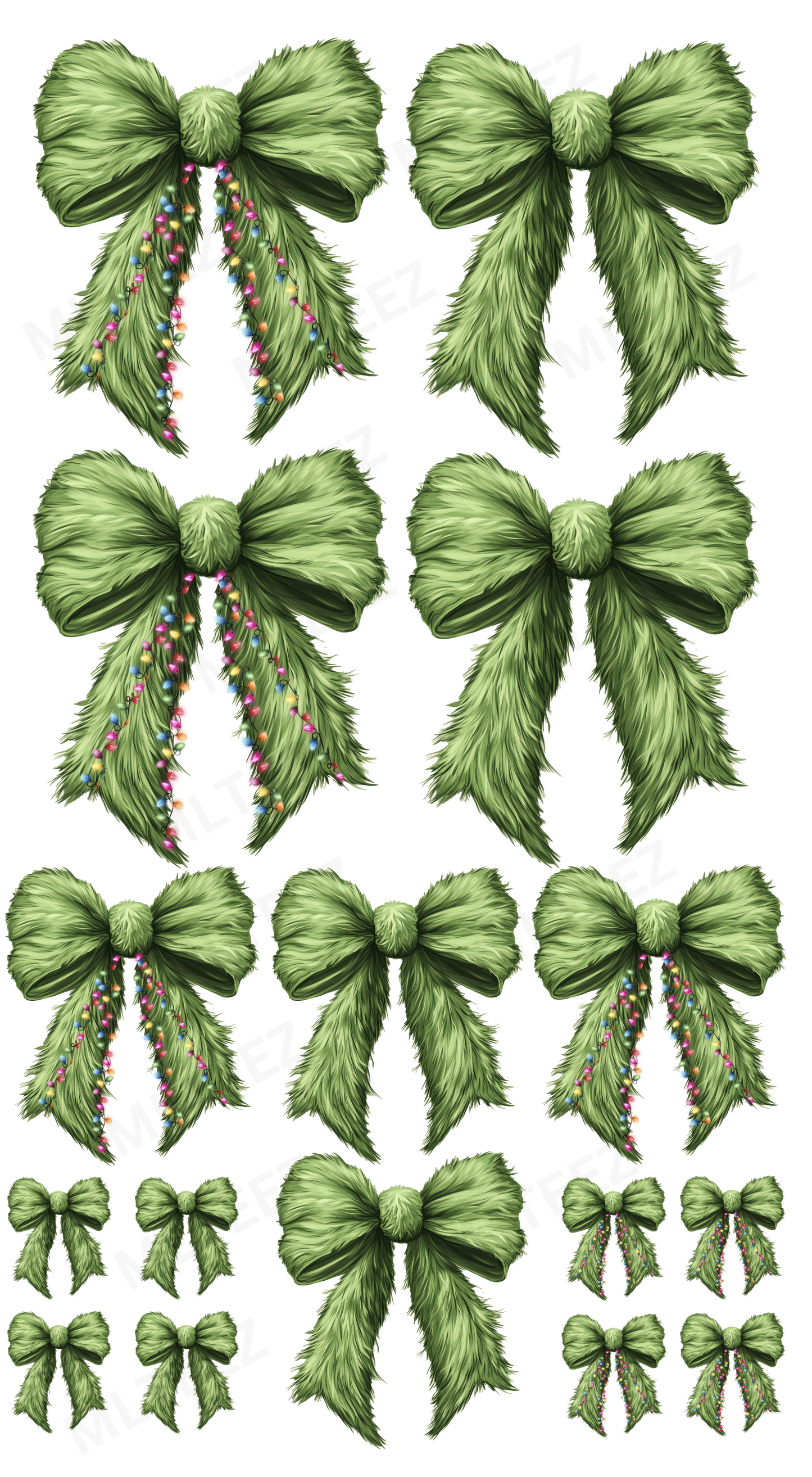 Furry Green Bow (Half & Half With Lights) PREMADE GANGSHEET - 22X36 DTF TRANSFERS - DIRECT TO FILM