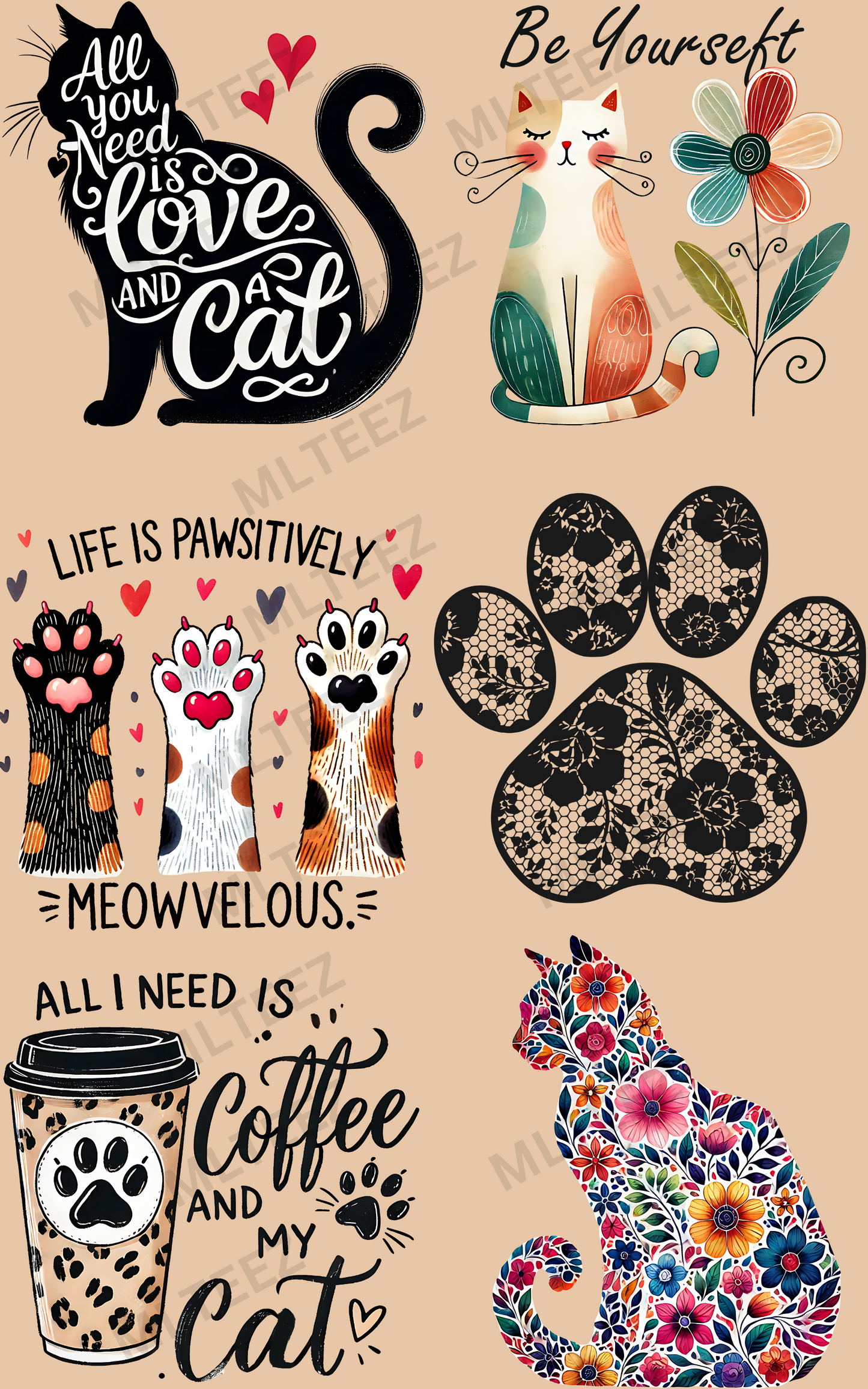 ALL YOU NEED IS LOVE AND A CAT PREMADE GANGSHEET - 22X36 DTF TRANSFERS - DIRECT TO FILM