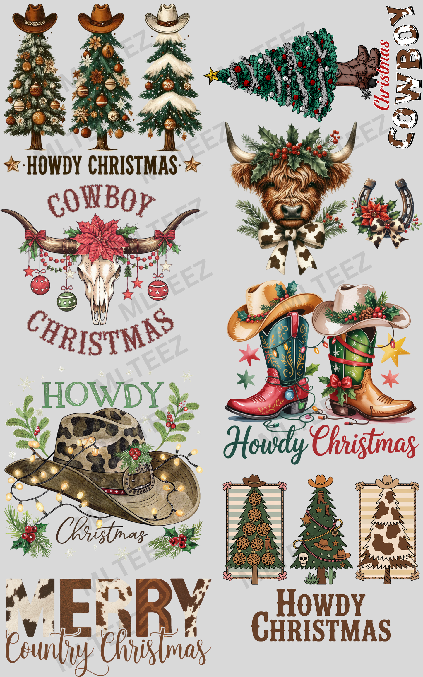 HOWDY CHRISTMAS (3) PREMADE GANGSHEET - 22X36 DTF TRANSFERS - DIRECT TO FILM