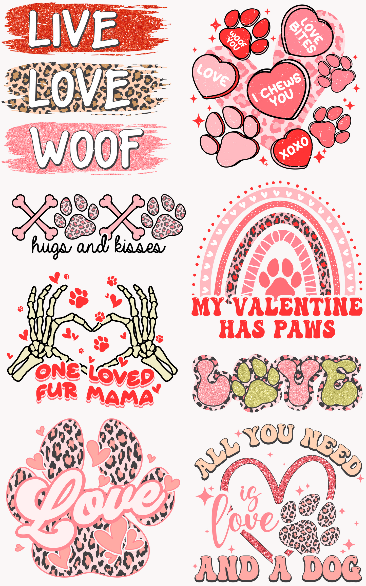 PAWS & KISSES VALENTINE'S DAY PREMADE GANGSHEET - 22X36 DTF TRANSFERS - DIRECT TO FILM