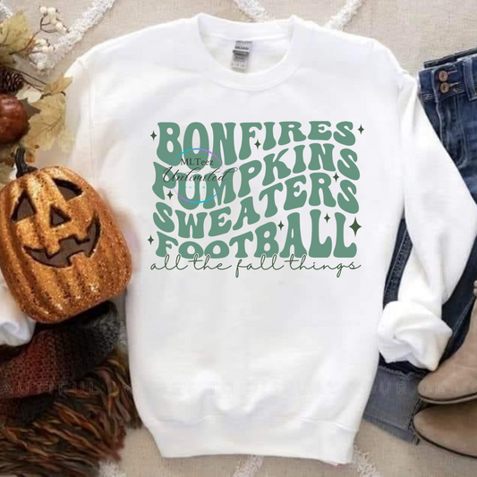 Bonfires, Pumpkins, Sweaters, Football, All The Fall Things (1) (Mint Green) DTF Direct To Film