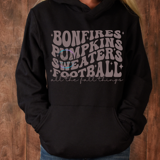 Bonfires, Pumpkins, Sweaters, Football, All The Fall Things (3) (Grey) DTF Direct To Film