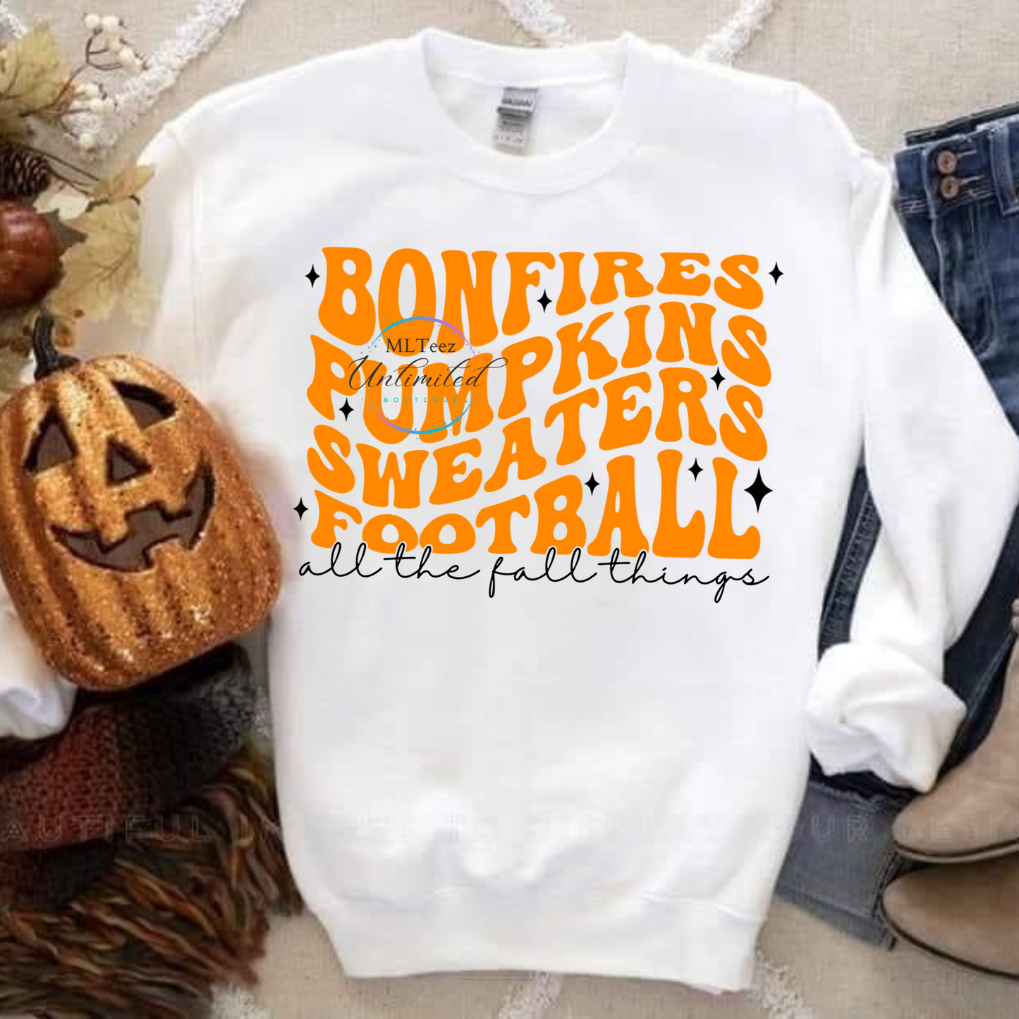 Bonfires, Pumpkins, Sweaters, Football, All The Fall Things (4) (Orange) DTF Direct To Film