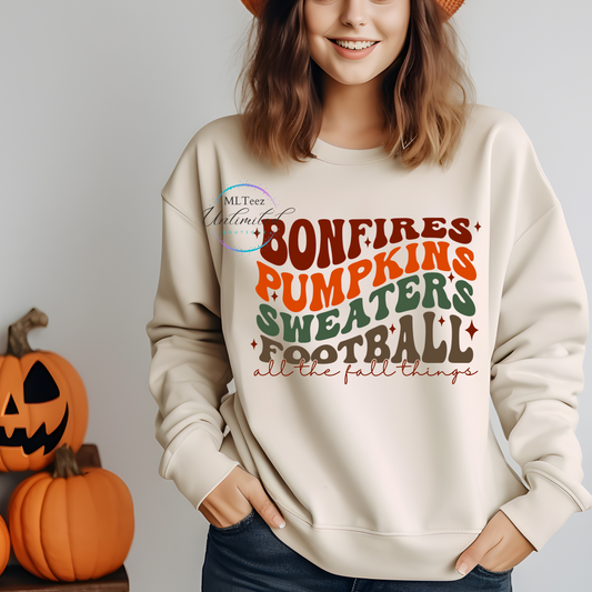 Bonfires, Pumpkins, Sweaters, Football, All The Fall Things (7) (Red, Orange, Green, Brown) DTF Direct To Film