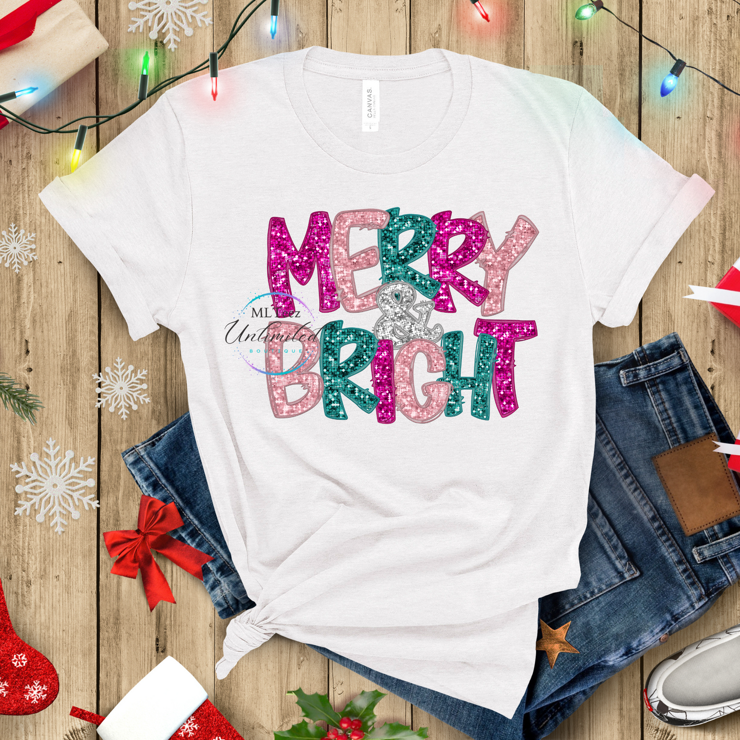 Merry & Bright (Pink, Teal Glitter) DTF Direct To Film