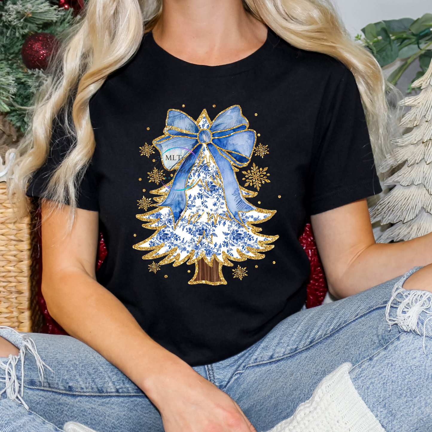 Colorful Gold Glitter Chinoiserie Christmas Tree  DTF Direct To Film
