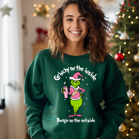 Green Man Grinchy On The Inside, Bougie On The Outside  (Pink Cup, White Lettering)  DTF Direct To Film