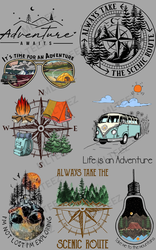 ADVENTURE AWAITS (1) PREMADE GANGSHEET - 22X36 DTF TRANSFERS - DIRECT TO FILM