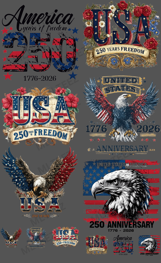 AMERICA 250 YEARS (1) PREMADE GANGSHEET - 22X36 DTF TRANSFERS - DIRECT TO FILM