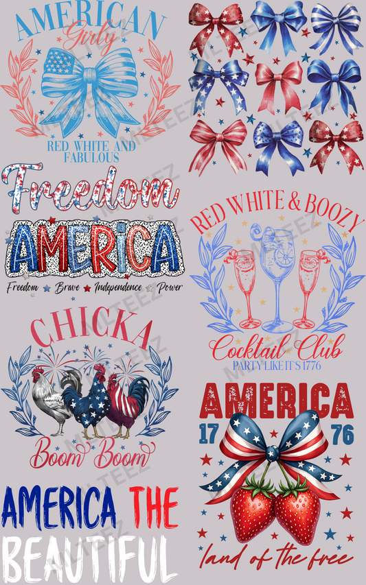 AMERICAN GIRLY, RED, WHITE & FABULOUS PREMADE GANGSHEET  - 22X36  DTF TRANSFERS - DIRECT TO FILM
